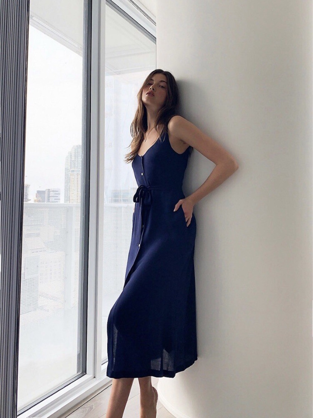 Aritzia Wilfred Joyce Dress Navy Button-front Midi Sleeveless, Size S
